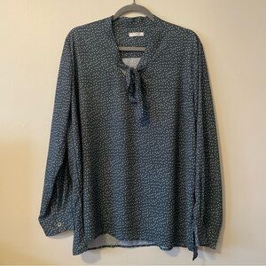 Acevog Dark Green White Polka Dot Tie Neck Blouse Long Sleeve Chiffon Top | XL